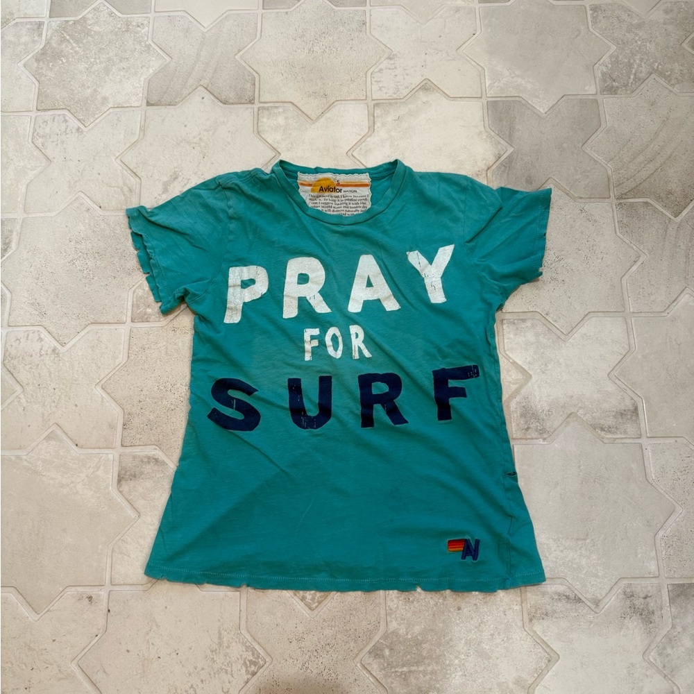 Aviator Nation VINTAGE 2010 Teal 'Pray for Surf' Women’s Tee